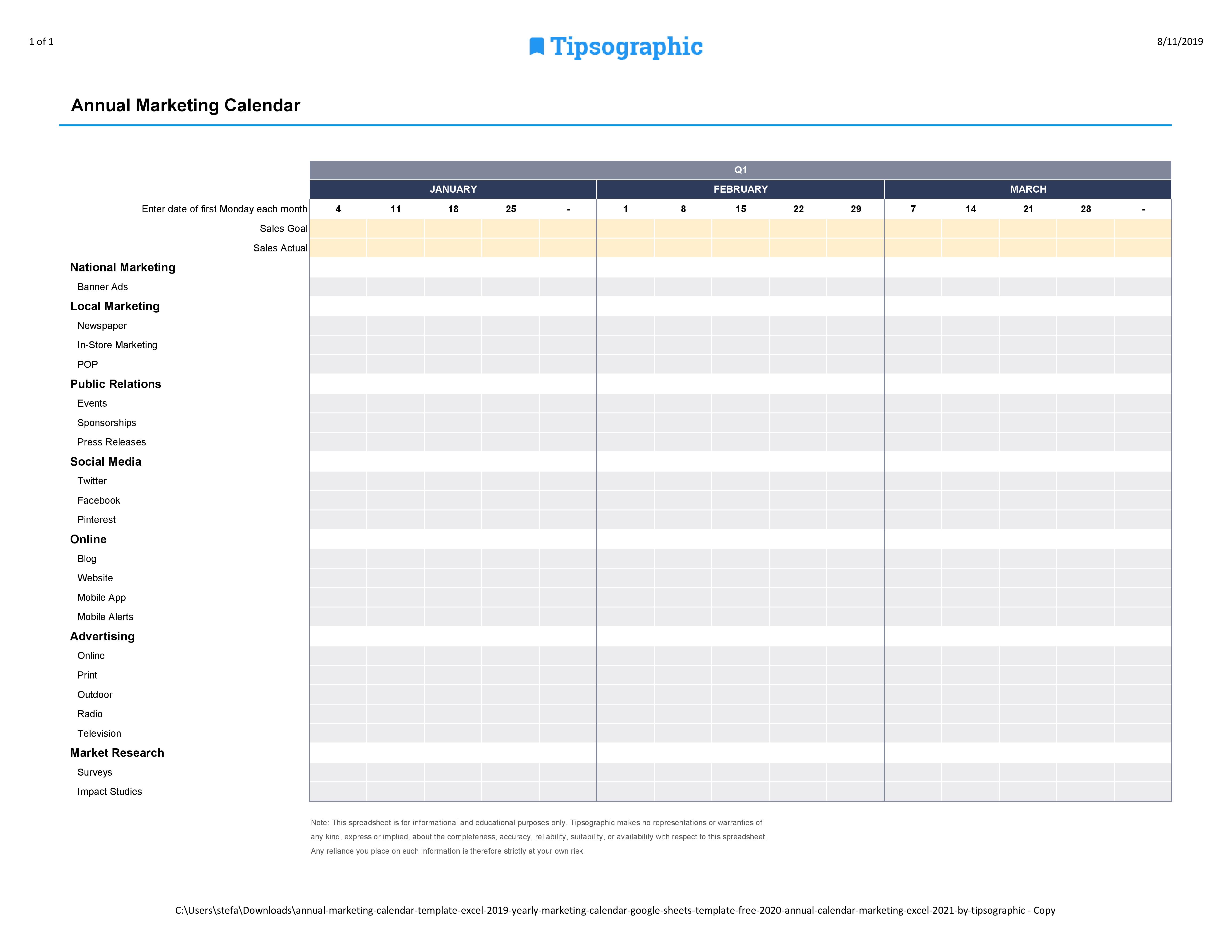 Download Annual Marketing Calendar Template for Excel and Google Sheets