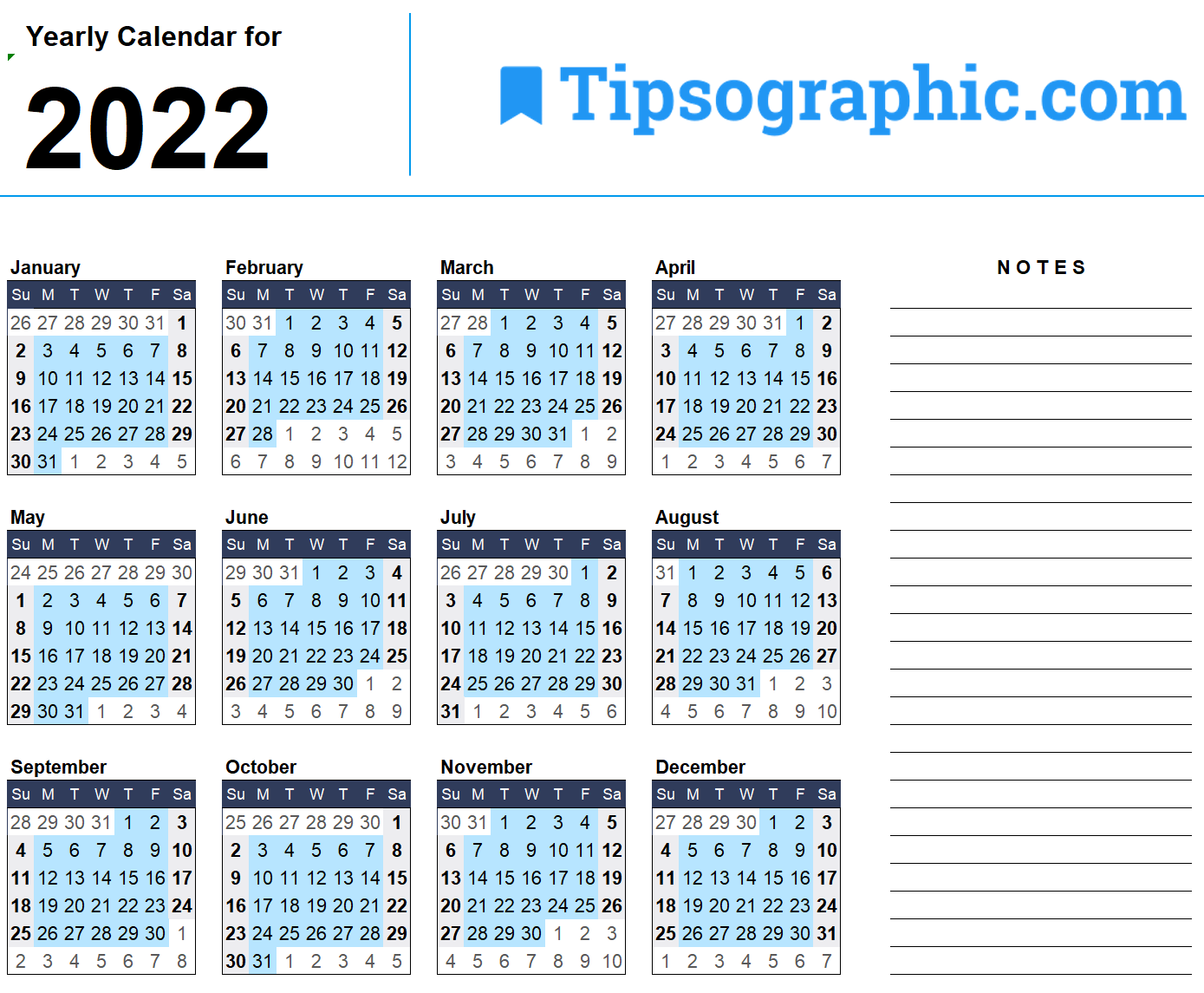 Excel Calendar 2022 Free Download > Download The 2022 Yearly Calendar