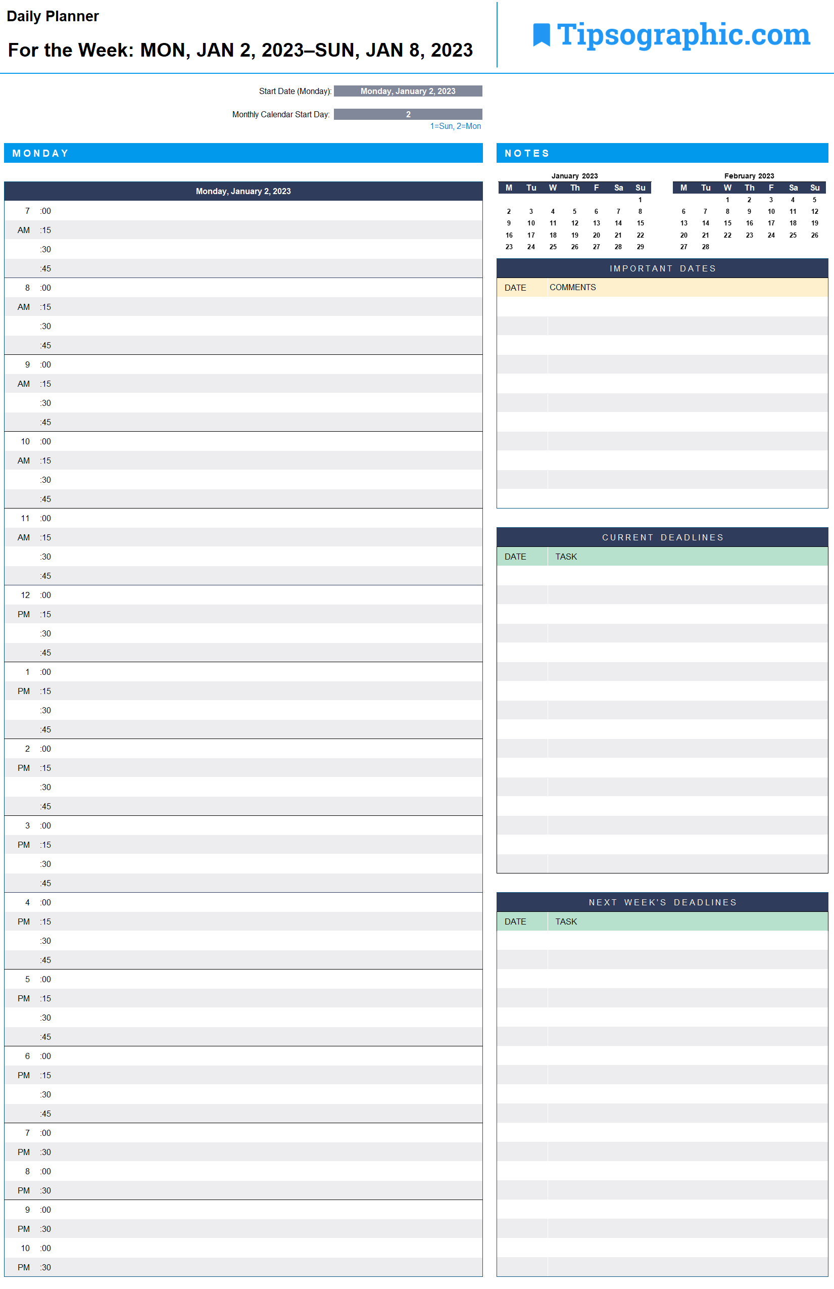 2023 printable daily planner excel tipsographic