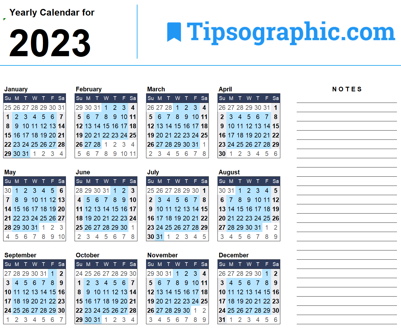 Free Printable 2023 Yearly Calendar Template
