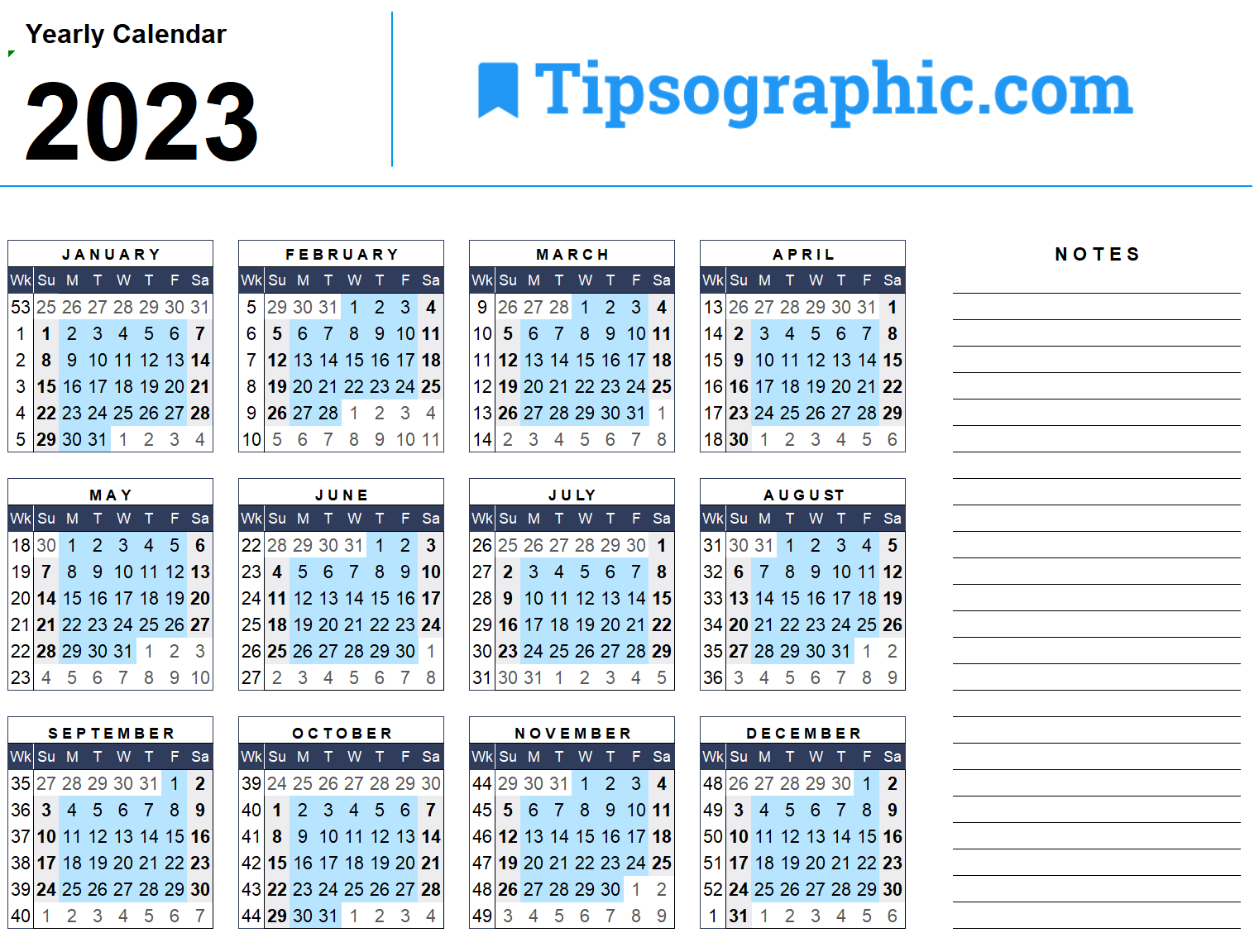Download The 2023 Yearly Calendar With Week Numbers Free Download