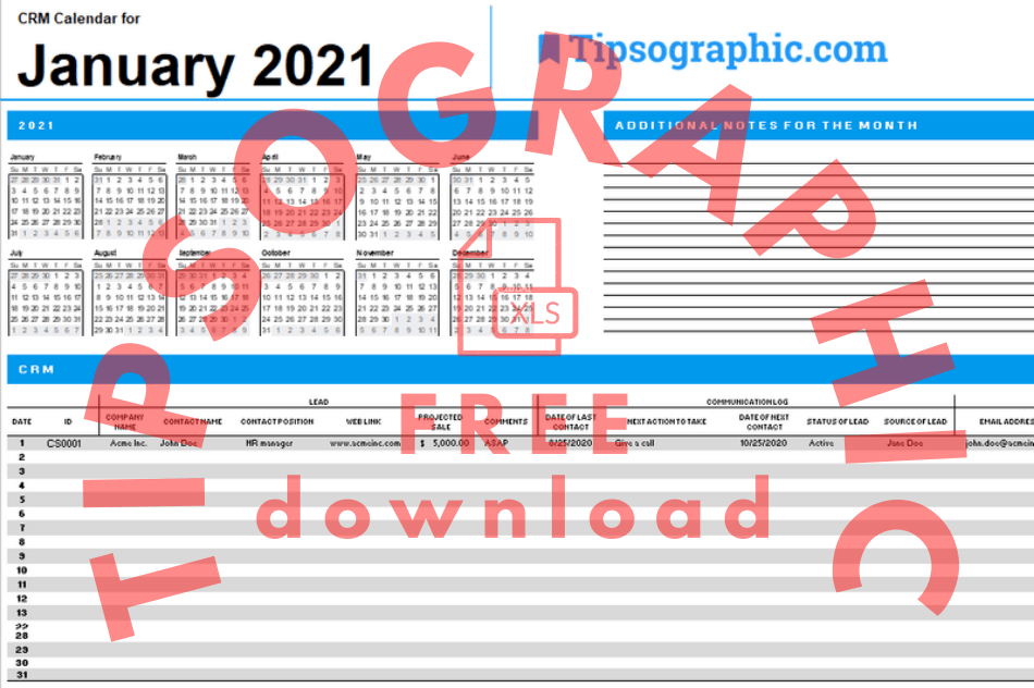 2021 CRM Calendar template for Excel, Google Sheets, and LibreOffice Calc from Tipsographic.com. Free download.