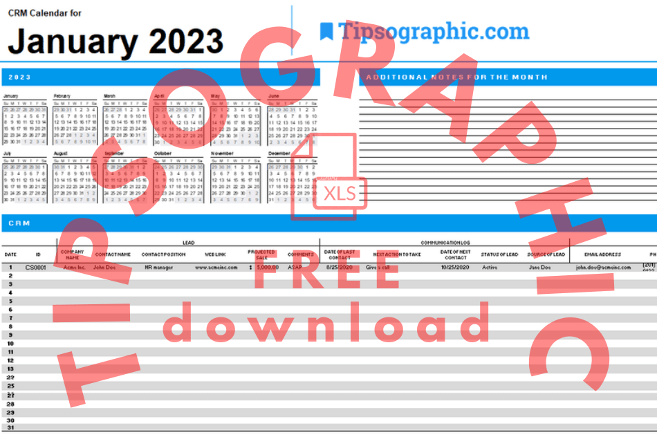 2023 CRM Calendar template for Excel, Google Sheets, and LibreOffice Calc from Tipsographic.com. Free download.