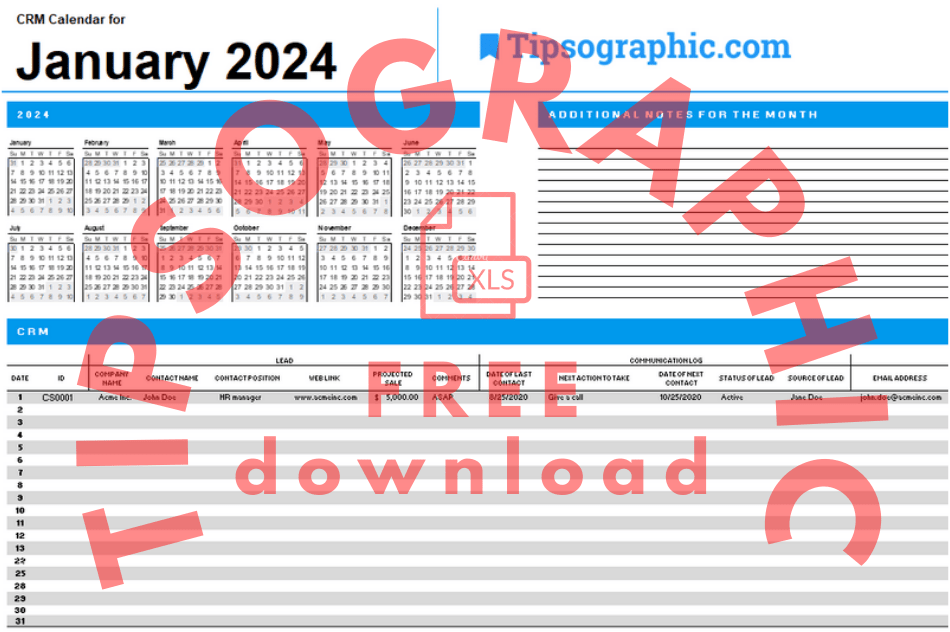 2024 CRM Calendar template for Excel, Google Sheets, and LibreOffice Calc from Tipsographic.com. Free download.