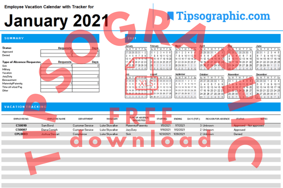 2021 employee vacation calendar with tracker excel printable free tipsographic