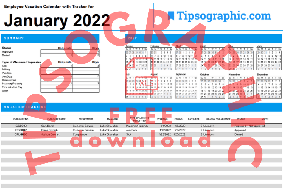 2022 employee vacation calendar with tracker excel printable tipsographic