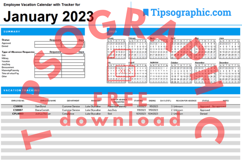 2023 employee vacation calendar with tracker excel printable tipsographic